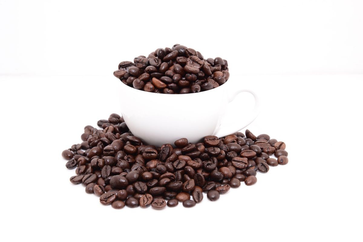 White Coffee Mug with coffee beans, White cup with coffee beans.